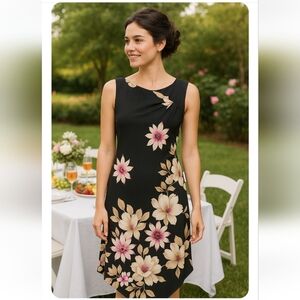 Womens Black Pink Floral Knot Strap Asymmetrical Sleeveless Sheath Dress XS/S